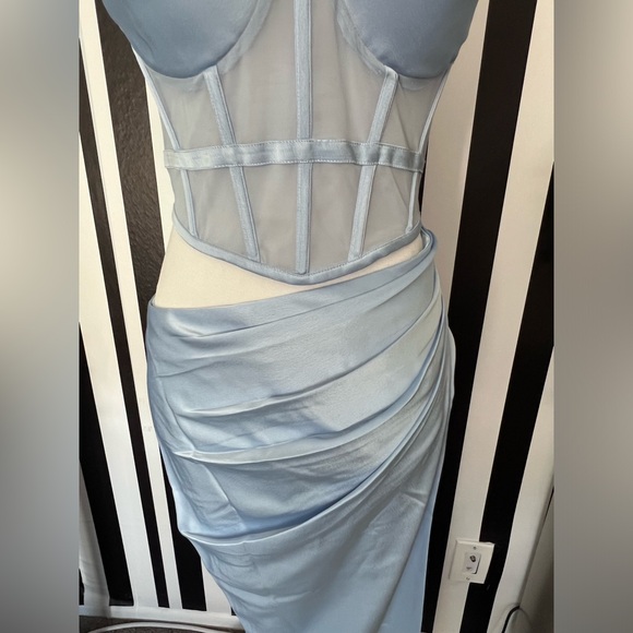 Light Blue Satin Corset Cutout Ruched Gathered Maxi Dress - NWT - Picture 7 of 10